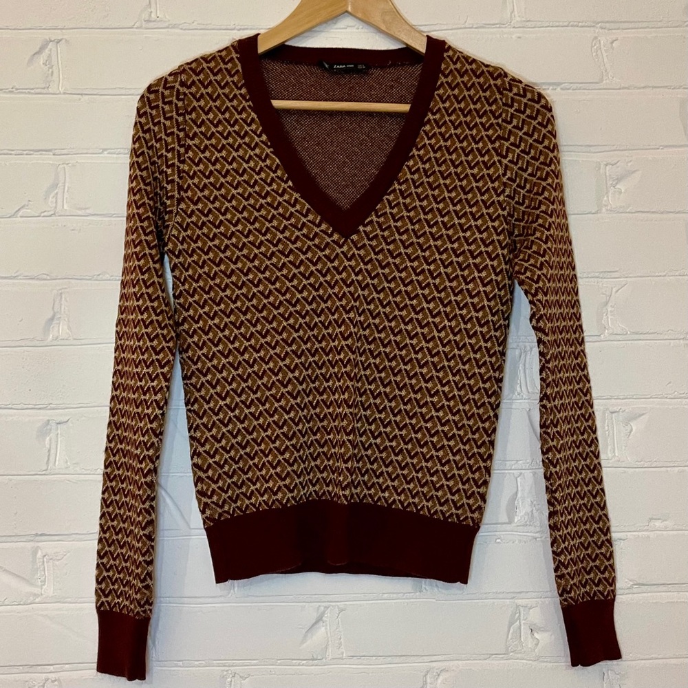70s Style Zara Knit Maroon & Gold V-Neck Sweater